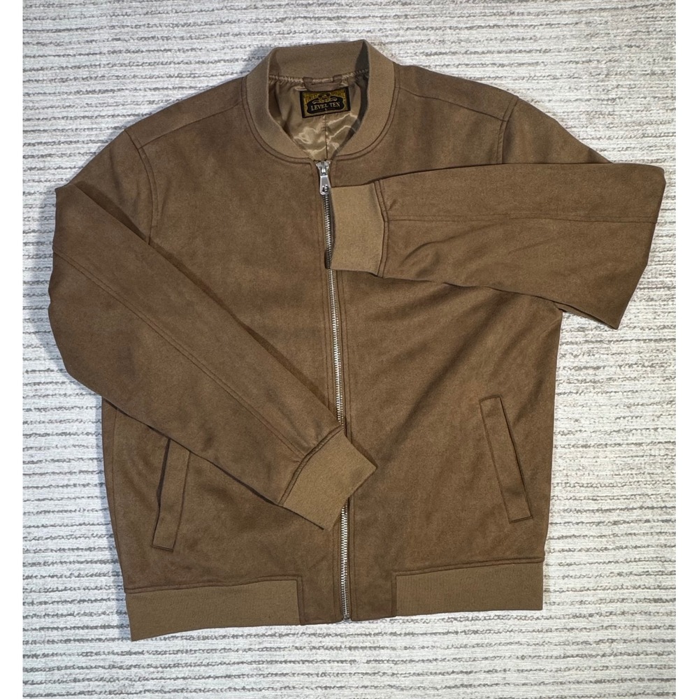 Level Ten Mens Faux Suede Bomber Jacket Tan Brown Full Zip Vintage Large